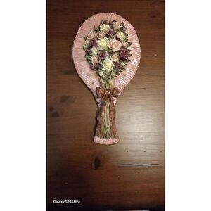 Mirror 10" Hand Pink Ceramic Victorian Style‎ Raised Roses Flowers Stems Vtg